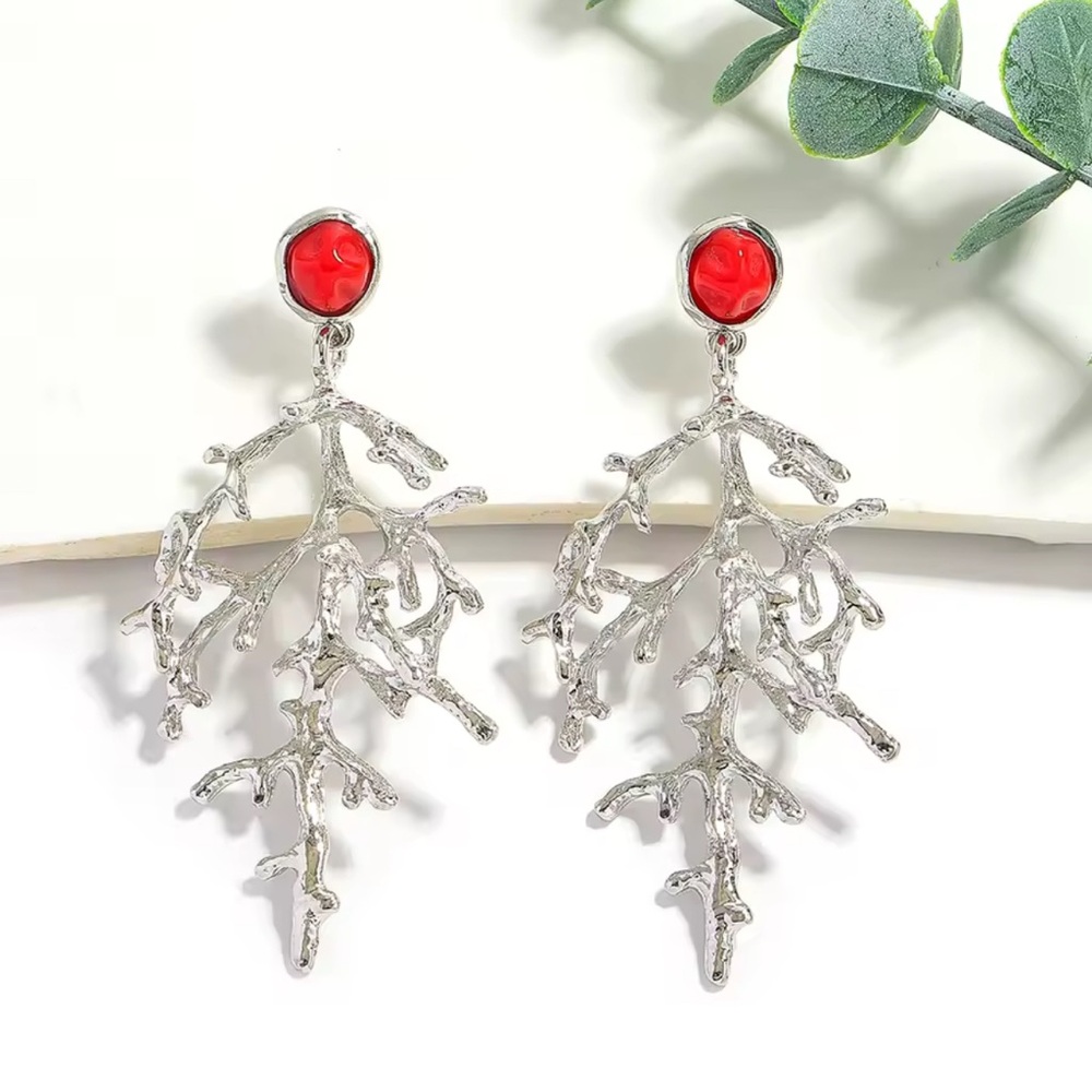 Elegant Silver and Red Coral Earrings